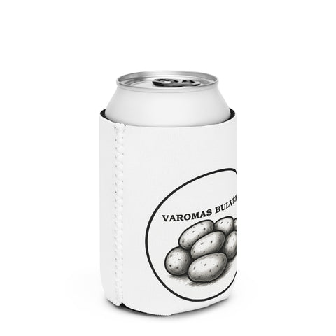 Powered by Potatoes white neoprene regular 12 oz can cooler with potato illustration and Lithuanian lettering on front – view 2