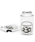 Powered by Potatoes white neoprene regular 12 oz can cooler with potato illustration and Lithuanian lettering on front – view 3