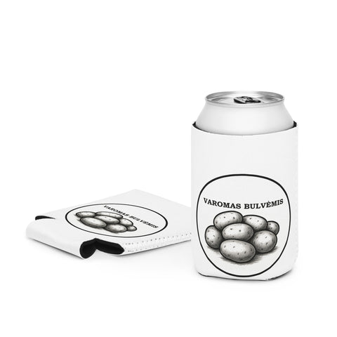 Powered by Potatoes white neoprene regular 12 oz can cooler with potato illustration and Lithuanian lettering on front – view 3