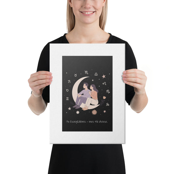 Just Us Under the Stars portrait 12 × 16 inch canvas with complete couple-on-crescent-moon illustration and Lithuanian phrase inside a white border – view 1