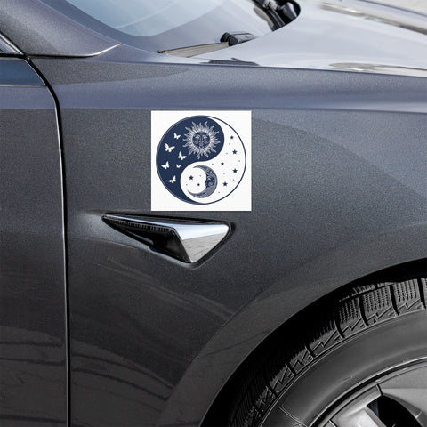 Celestial Balance white square matte car magnet with original sun-and-moon yin-yang emblem – front mockup 2 – ZIPZAPPA