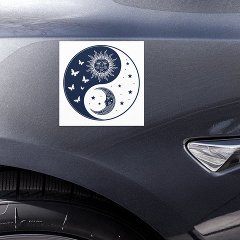 Celestial Balance white square matte car magnet with original sun-and-moon yin-yang emblem – front mockup 3 – ZIPZAPPA