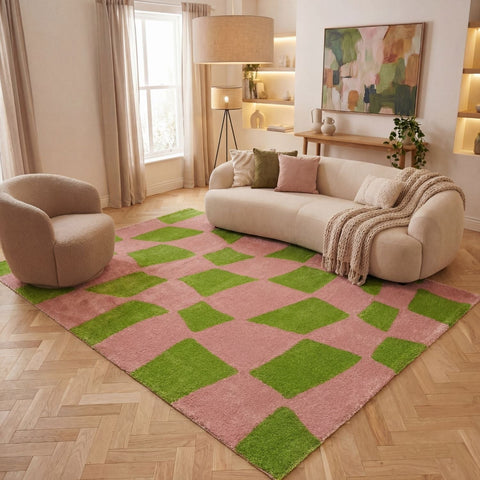 Joli Tapis à Carreaux Vert et Rose