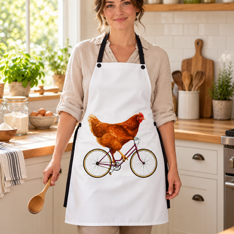 Chicken on a Bicycle white apron worn by a cook in a sunlit kitchen, with the complete brown hen and purple bicycle design visible