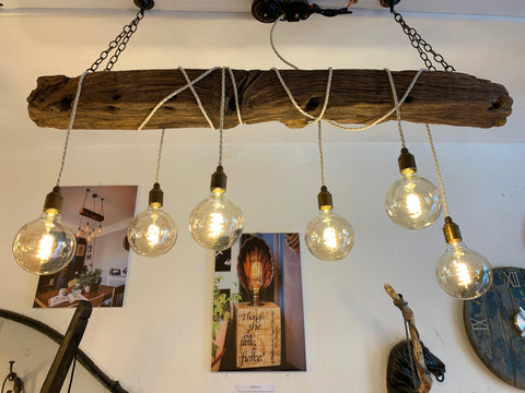 Chunky Rustic Oak Beam Chandelier with Wrapped Cables