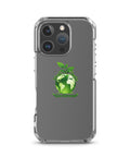 Go Green clear case for iPhone 16 Pro with green globe and leaf shoots – on-phone view