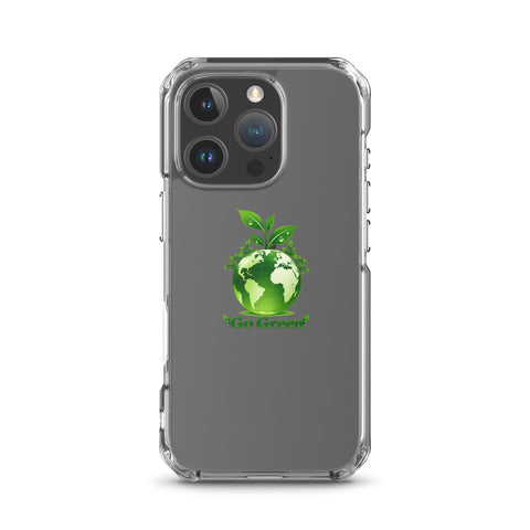 Go Green clear case for iPhone 16 Pro with green globe and leaf shoots – on-phone view