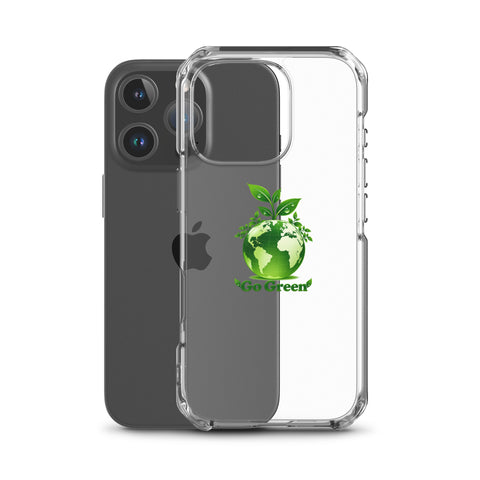 Go Green clear case for iPhone 16 Pro with green globe and leaf shoots – case with phone