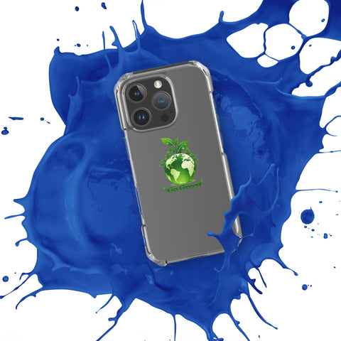 Go Green clear case for iPhone 16 Pro with green globe and leaf shoots – case view 2