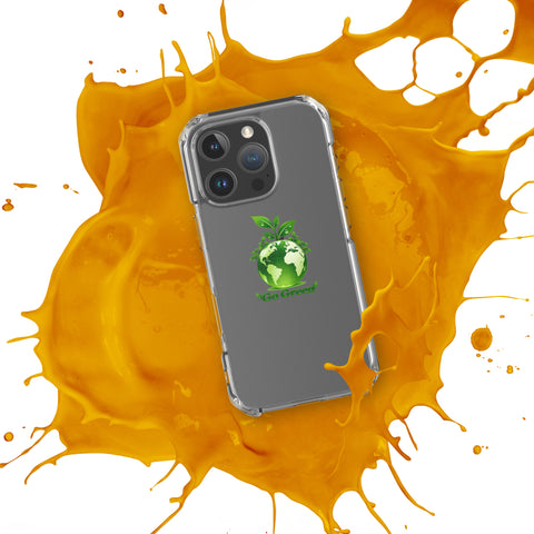 Go Green clear case for iPhone 16 Pro with green globe and leaf shoots – case view 3