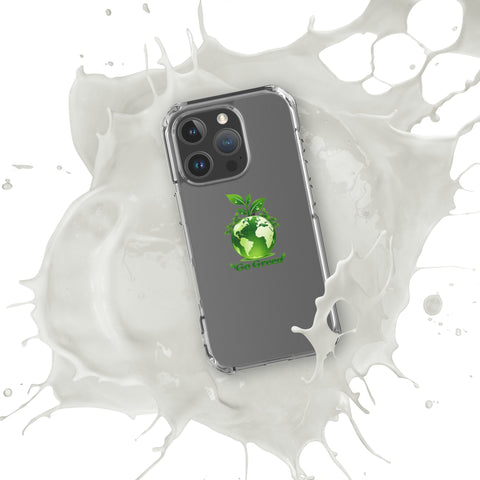 Go Green clear case for iPhone 16 Pro with green globe and leaf shoots – case view 1
