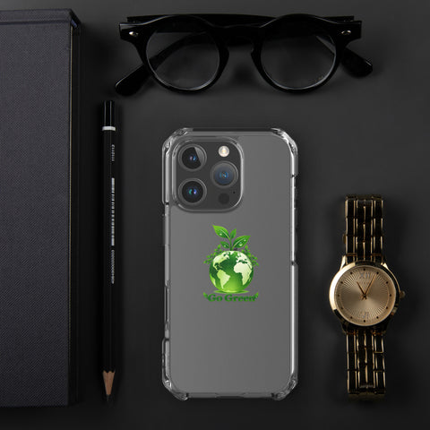 Go Green clear case for iPhone 16 Pro with green globe and leaf shoots – lifestyle view 1