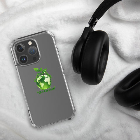 Go Green clear case for iPhone 16 Pro with green globe and leaf shoots – lifestyle view 2