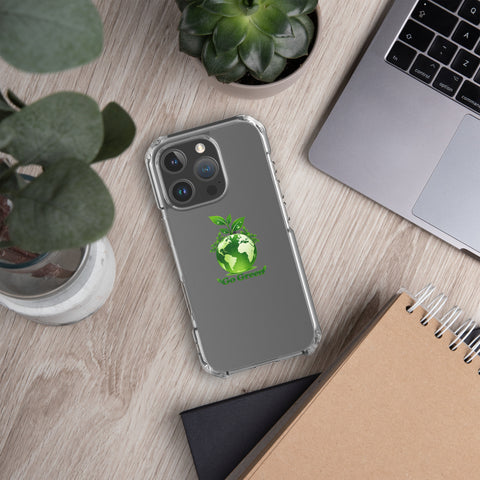 Go Green clear case for iPhone 16 Pro with green globe and leaf shoots – lifestyle view 3