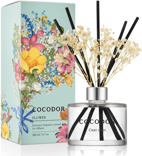 COCODOR Flower Reed Diffuser Set / 200ml / Clean Linen/Scent Diffuser with Sticks Home Fragrance Reed Diffuser for Bathroom Shelf Decor