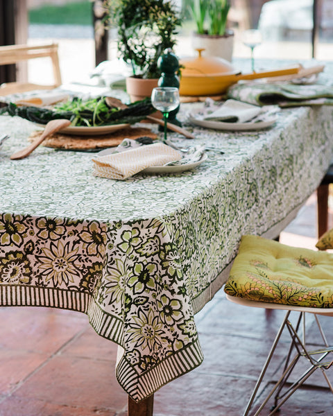 MEADOW GREEN hand block printed tablecloth