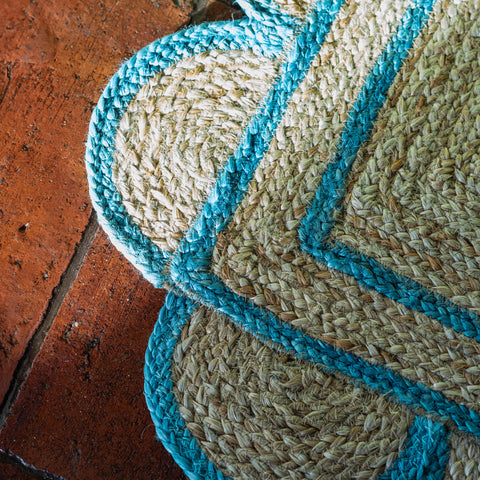 TEAL scalloped hand woven jute floor mat