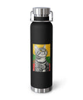 Black 650 ml insulated bottle with a grey tabby cat portrait against the yellow, green and red Lithuanian tricolour.