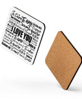 Angled view of the Love in Every Language coaster with the cork underside shown alongside.