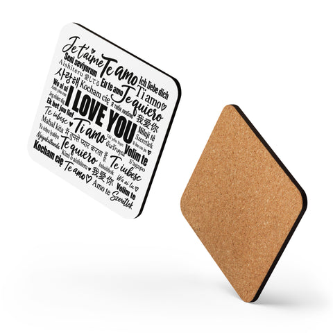 Angled view of the Love in Every Language coaster with the cork underside shown alongside.
