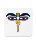 Buddha Wisdom Eyes colourful emblem centred on a white glossy cork-back coaster