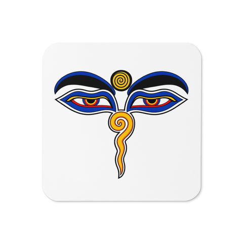 Buddha Wisdom Eyes colourful emblem centred on a white glossy cork-back coaster