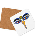 Buddha Wisdom Eyes cork-back coaster shown at an angle