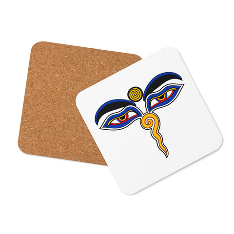Buddha Wisdom Eyes cork-back coaster shown at an angle