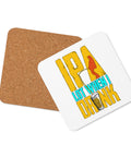 Glossy white cork-back coaster with original yellow and turquoise IPA Lot When I Drink lettering, fishing silhouette and beer glass – ZIPZAPPA