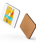 Glossy white cork-back coaster with original yellow and turquoise IPA Lot When I Drink lettering, fishing silhouette and beer glass – ZIPZAPPA