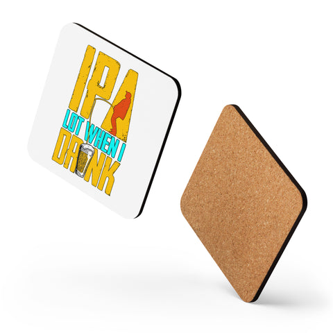 Glossy white cork-back coaster with original yellow and turquoise IPA Lot When I Drink lettering, fishing silhouette and beer glass – ZIPZAPPA