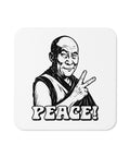 Glossy white cork-back coaster with an original black-and-white monk raising a peace sign above PEACE! lettering – ZIPZAPPA