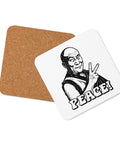 Glossy white cork-back coaster with an original black-and-white monk raising a peace sign above PEACE! lettering – ZIPZAPPA