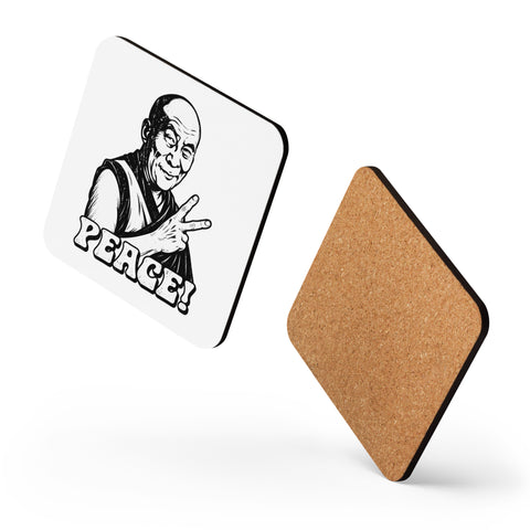 Glossy white cork-back coaster with an original black-and-white monk raising a peace sign above PEACE! lettering – ZIPZAPPA