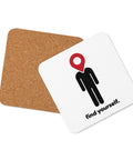 Find Yourself white cork-back coaster with black figure, red location-pin head and lettering – product view 2
