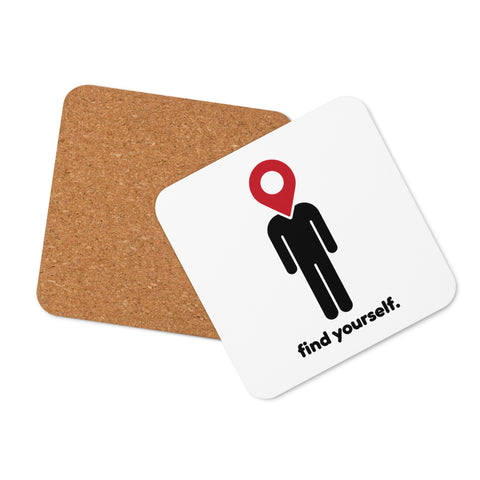 Find Yourself white cork-back coaster with black figure, red location-pin head and lettering – product view 2