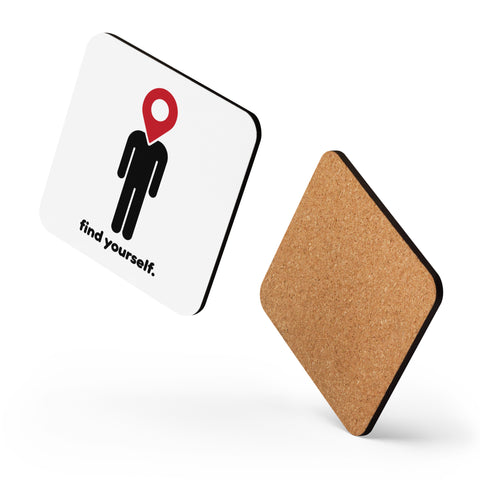Find Yourself white cork-back coaster with black figure, red location-pin head and lettering – product view 3