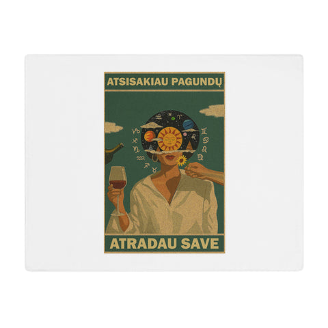 Found Myself cotton placemat with complete green retro zodiac portrait and Lithuanian lettering centred on a light background