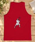 Red Cross-Bearing Warrior men’s premium tank top laid flat on a pale oak terrace table beside a green plant and linen cloth, showing one complete black-and-white warrior and cross front print.