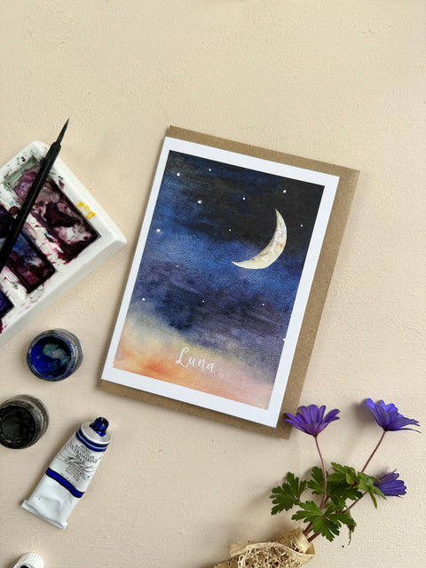 Hand-Painted Crescent Moon 'Luna' Watercolour Greeting Card