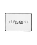 Money Pulse 12 × 18 inch desk mat with complete Lithuanian Pinigai lettering and black heartbeat line centred on white – view 1