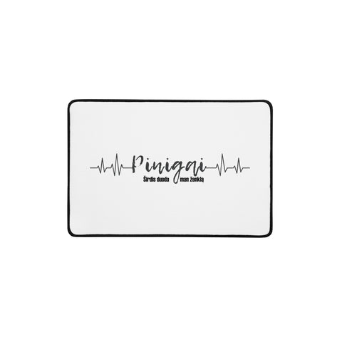 Money Pulse 12 × 18 inch desk mat with complete Lithuanian Pinigai lettering and black heartbeat line centred on white – view 1