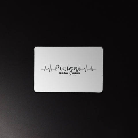 Money Pulse 12 × 18 inch desk mat with complete Lithuanian Pinigai lettering and black heartbeat line centred on white – view 3
