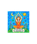 In Flow with the Universe colourful square chakra magnet with seated figure, stars and planets – front view