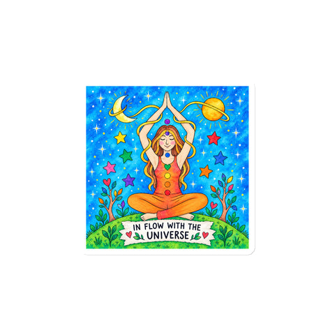 In Flow with the Universe colourful square chakra magnet with seated figure, stars and planets – front view