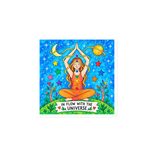 In Flow with the Universe colourful square chakra magnet with seated figure, stars and planets – front view