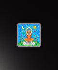 In Flow with the Universe colourful square chakra magnet with seated figure, stars and planets – on refrigerator