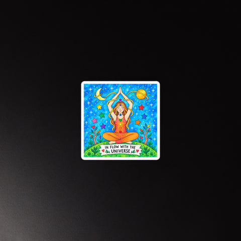 In Flow with the Universe colourful square chakra magnet with seated figure, stars and planets – on refrigerator