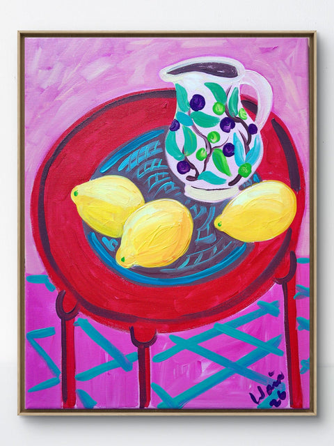 Kirsty Wain (XX) - Still Life with red table and lemons - No Reserve