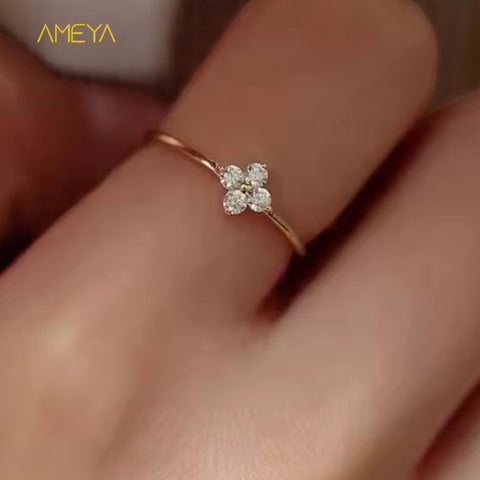 Bague Ameya en argent sterling 925, trèfle à quatre feuilles, design minimaliste de style coréen, délicate bague en cristal